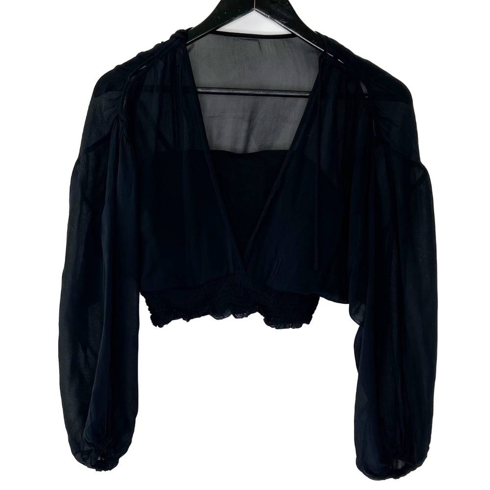 Anthropologie Blouse Cropped Top Sheer Balloon Sleeve Black OB1542695 - Picture 1 of 7